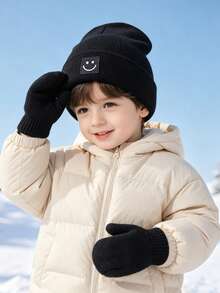 1 Set Baby Winter Knitted Hat And Gloves Set, Elastic Yarn Smile Label, Warm And Comfortable Toddler Hat And Gloves Set, Suitable For Daily Outdoor - 1set - View 5