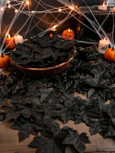 100/50/1pc Artificial Black Maple Leaves, Suitable For Indoor Decoration, DIY Halloween Black Wreath, Flower Wall, Bouquet, Tabletop Decor And Home Decor, Christmas, Christmas Decoration, Halloween, Halloween Decoration, Autumn Decoration