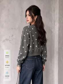 SUNSTORY Autumn Grey Polka Dot Round Neck Short Knit Cardigan, Dropped Shoulder Long Sleeve Single-Breasted Sweater Jacket, Casual Basic Denim Style, Suitable For Commuting, Outings, Daily Wear - Dark Grey - View 11