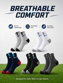 5 Pairs Men Color Block SPORT Logo Mid Calf Athletic Socks, Ribbed Non Slip Cuff, Soft Breathable Sweat Wicking Sports Socks For Running, Fitness - Multicolor - View 7