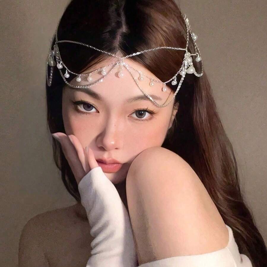 1 buah Rantai Kepala Bohemian dengan Rhinestone dan Mutiara Imitasi, Hiasan Kepala Rantai Logam Buatan Tangan, Aksesori Rambut Gaya Peri untuk Pemakaian Sehari-hari, Cocok untuk Kencan, Pengantin, Pesta Festival - Perak - View 1