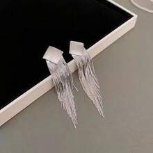 1 Pair Gold-Tone Square Long Tassel Stud Earrings - Yellow Gold - View 6