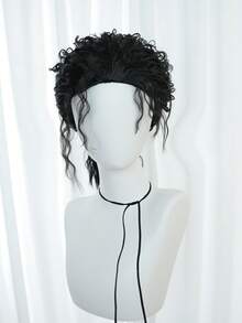 Black Fluffy Curly Ponytail Wig For Men Vintage Rock Style Synthetic Wig For Party Halloween Cosplay Retro Rocker Costume Wig For Stage Performance - Black - View 5