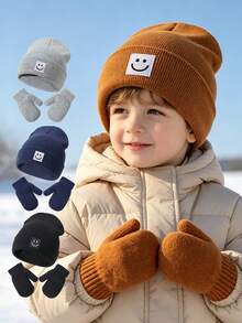 1 Set Baby Winter Knitted Hat And Gloves Set, Elastic Yarn Smile Label, Warm And Comfortable Toddler Hat And Gloves Set, Suitable For Daily Outdoor - 1set - View 1