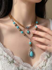 2pcs/Set Bohemian Turquoise Teardrop Layered Necklace Set, Vintage Stackable Necklace, Luxury Beaded Women's Jewelry, Suitable For Daily, Party, Vacation, Gift - Multicolor - View 6