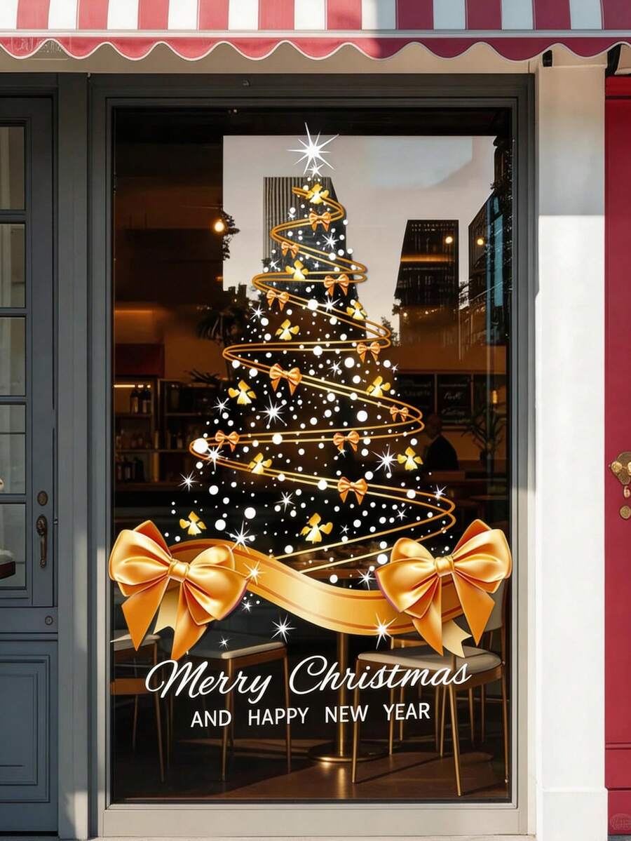1pc Gold Christmas Tree Sticker DIY Merry Christmas Sticker Window Glass Door Static Cling, Window Decal, Glass Decoration, Holiday Pattern, Modern Style, Easy To Apply Without Glue, Seasonal Sticker, Holiday Gift, Holiday Shopper