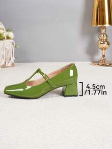 French Style Glossy Square Toe T-Strap Women's Shoes With Adjustable Buckle Design, 4.5cm Chunky Heel, Comfortable For Long Wear, Versatile For Work And Parties - Green - View 7