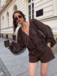 GMFP Women's Autumn Deep Coffee V-Neck Ruffle Lantern Sleeve Short Chiffon Blouse, Bohemian Style Ruffle, Daily Gathering Back To School Graduation Season Women's Outfit Piece, Halloween Christmas Top - Brown - View 2
