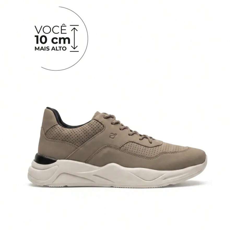 Alto Calçados Titan Tênis Casual Em Couro Que Aumenta até 10cm - Caqui - Visão 1