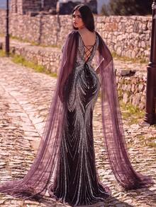 Plus Size Luxury Sheer Sleeve Fishtail Hem Beaded Sequin Formal Evening Gown - Purple - View 2