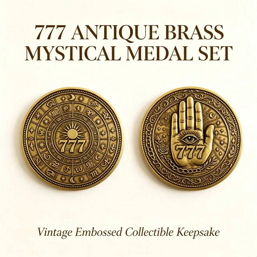 Double-Sided Bronze 777 Lucky Collectible Coin, Embossed Zodiac Wheel And All-Seeing Eye Hand Relief Alloy Commemorative, Approx. 1.57 Inch Diameter, Vintage Astrology Decorative Ornament, Suitable For Desktop Hobby Collection - Multicolor - View 1