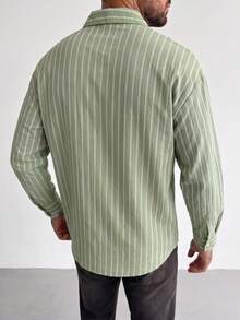 Men's Striped Long Sleeve Single-Breasted Casual Shirt, Versatile & Comfortable, Holiday Gift, Slightly Dropped Shoulder Loose Fit, Relaxed & Casual Style, Breathable - Mint Green - View 2