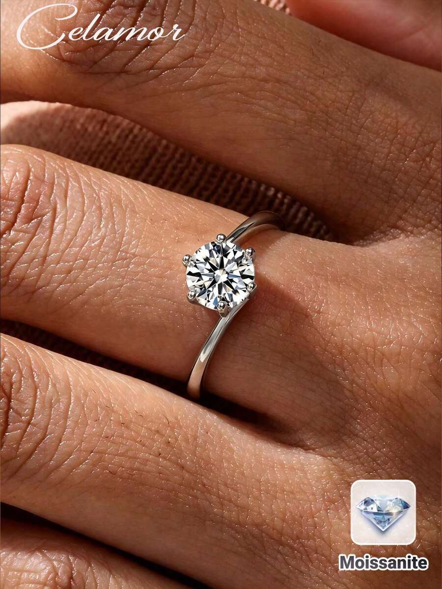 1pc S925 Silver 1CT Moissanite Classic 6-Prong Solitaire Ring, Minimalist Elegant Design Adjustable Open Ring Suitable For Daily Wear, Dates, Engagements, Parties And Other Occasions - Silver - View 1