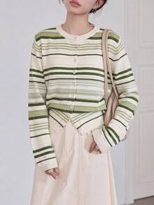 Jaket Sweater Rajut Wanita Kasual Minimalis Bergaris Leher Bulat Musim Gugur/Musim Dingin - hijau - View 1