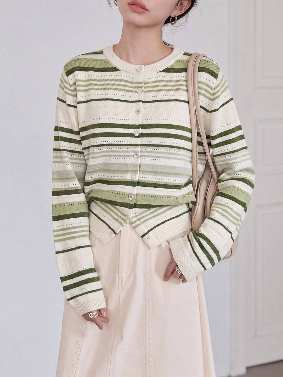 Jaket Sweater Rajut Wanita Kasual Minimalis Bergaris Leher Bulat Musim Gugur/Musim Dingin - hijau - View 1