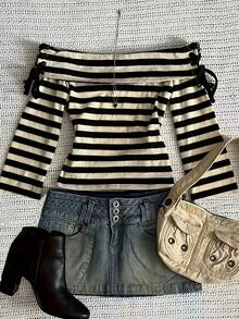 Women's Long Sleeve Fashionable Striped Patchwork Drawstring Off-Shoulder Top Spring - Black and Apricot - View 1