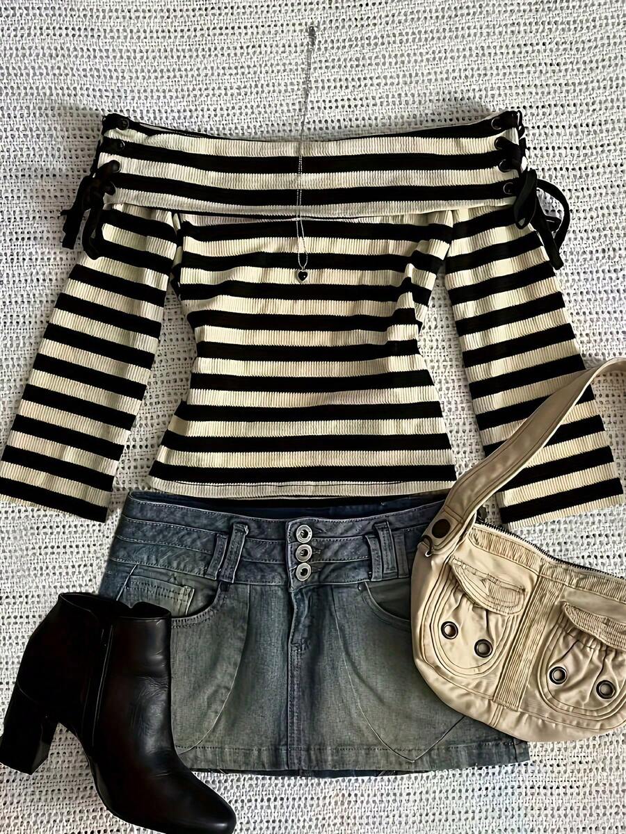 Women's Long Sleeve Fashionable Striped Patchwork Drawstring Off-Shoulder Top Spring - Black and Apricot - View 1