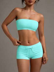 XLLAIS Women's Sexy Strapless Short Basic Tank Top, Fashion Solid Color Elastic Slim Fit White Tube Top, Suitable For All Seasons Summer - Mint Blue - View 4