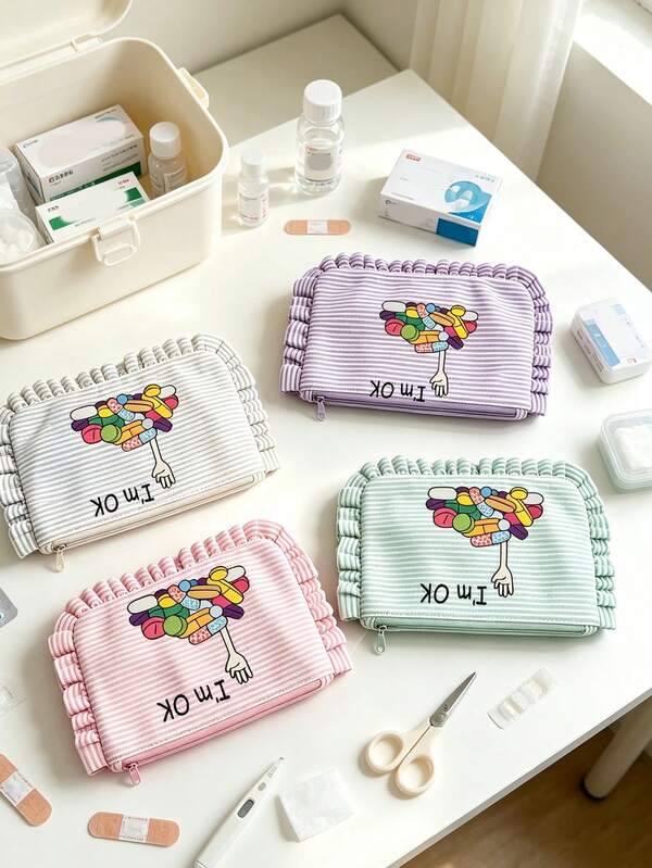 Storage Bag | "I'm Fine" Letter And Pill Pattern Print Ruched Edge Multi-Functional Storage Bag, Striped Canvas Makeup Storage Bag, Large Capacity Portable Toiletry Organizer Bag, Multi-Use Travel Storage Bag, Can Store Cosmetics, Data Cables, Toiletries; Collegiate Style Zipper Storage Bag, Women's Exclusive, Daily & Travel Multi-Functional Use, Ideal Gift For Friends And Family, Suitable For Birthdays, Various Holidays; Multiple Colors Available (Pink / Blue / Green / Purple)
