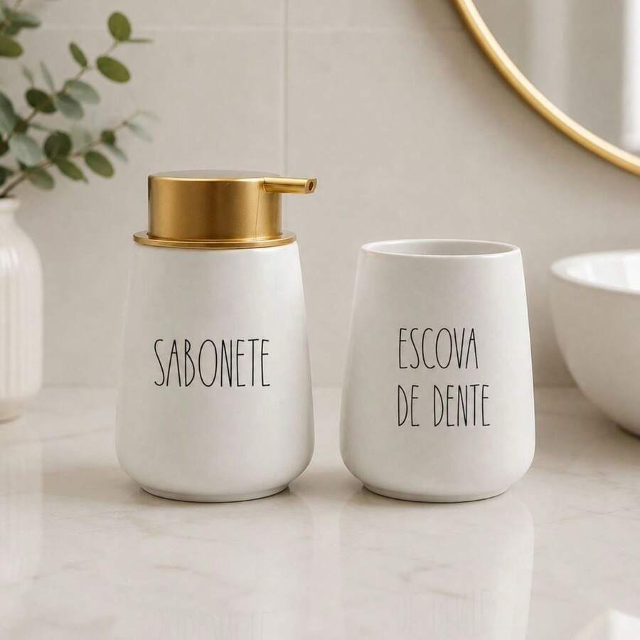 Kit para Banheiro Dispenser e Porta Escova de Dente em cerâmica com Escrita Minimalista - Visão 1