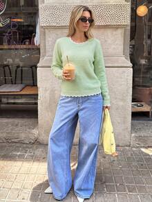 Nicenter Women's Autumn/Winter Casual Minimalist Mint Green Wool Blend Crew Neck Ruffle Trim Long Sleeve Ribbed Knit Sweater, Elegant For Office, Daily Wear, Home And Dating - Mint Green - View 3