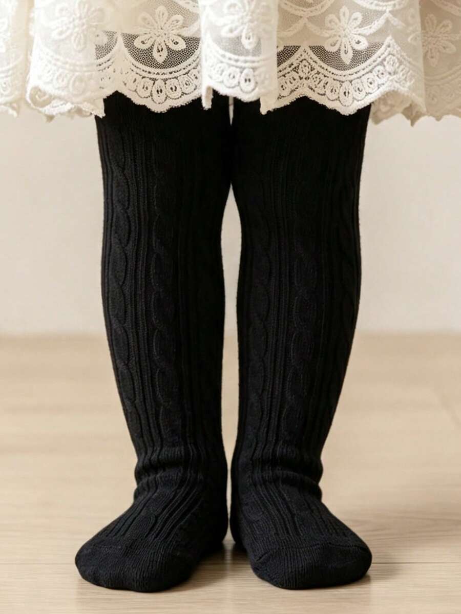 1 Pair Twisted Cable Fine Vertical Striped Candy Color Girls Tights, Solid Color Kids Socks For All Seasons, Double Needle Girls Tights - Black - View 1