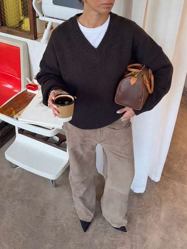 Women's New V-Neck Long Sleeve Knit Sweater, Casual Everyday College Style, Autumn/Winter