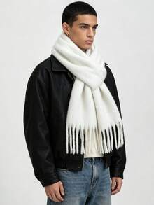 Men's Solid Color Tassel Scarf, Autumn/Winter Thickened Long Neck Warmer, Warm Scarf, Street Casual Versatile Accessory For Men - Multicolor - View 8