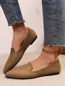 1 Pair Women Khaki Pointed Toe Slip‑On Loafers Fashion Flat Shoes - Khaki - View 4