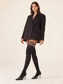 1 Stück Damen 30D Kunst-Oberschenkel-Strumpfhose mit silbernen Streifen, Pailletten, glänzend, Nylon-Mischung, dehnbar, schmal geschnitten, sexy Strumpfhose für den Alltag und Date Night - Schwarz - Übersicht 1