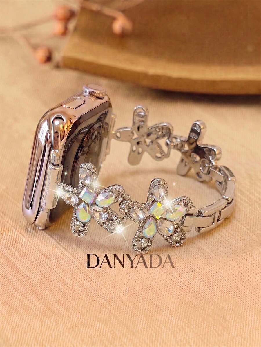 Compatible With Apple Watch Bands / Watch Straps, Women's Style, Iridescent Full Rhinestone Flower Silver Metal Decorative Band, Delicate Slim Adjustable Metal Bracelet, Compatible With Apple Watch 38/40/41/42/44/45/46/49mm, Compatible With Ultra3/2/1/Se/11/10/9/8/7/6/5/4/3/2/1 All Series, Niche Ethereal Luxury Smart Watch Accessory - Silver - View 1