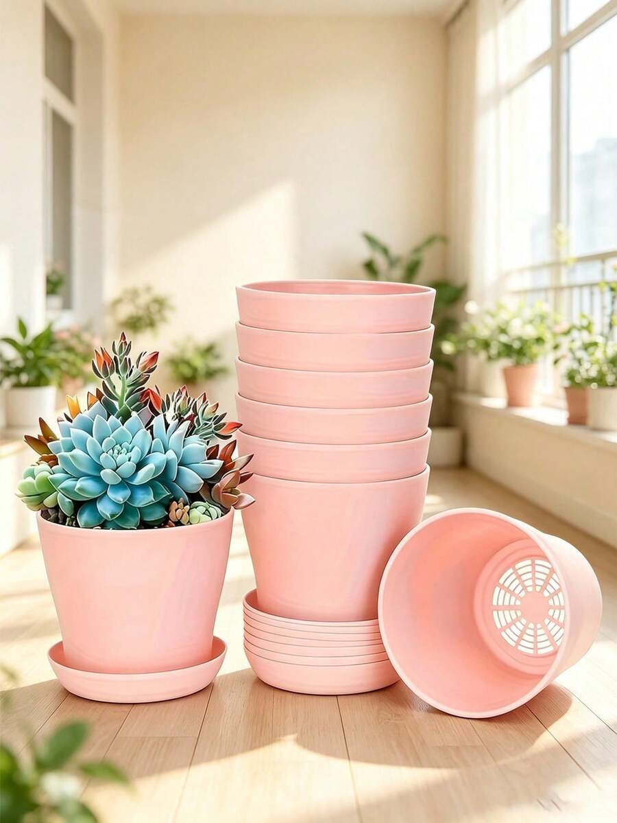 Colorful Mini Plastic Succulent Planter With Drainage Hole And Tray, Portable Lightweight Small Flower Pot, Indoor/Outdoor Nursery Container, Space-Saving Home Garden Decor, Practical Gardening Gift - Multicolor - View 1