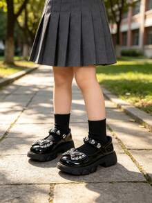 Children's Black Patent Leather Mary Jane Shoes, Girls' Rhinestone Bow Heart Buckle Thick Sole School Shoes - Black - View 3