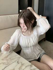 女款純色露肩前綁帶長袖收腰優雅襯衫 白色 - 白色 - 查看 5