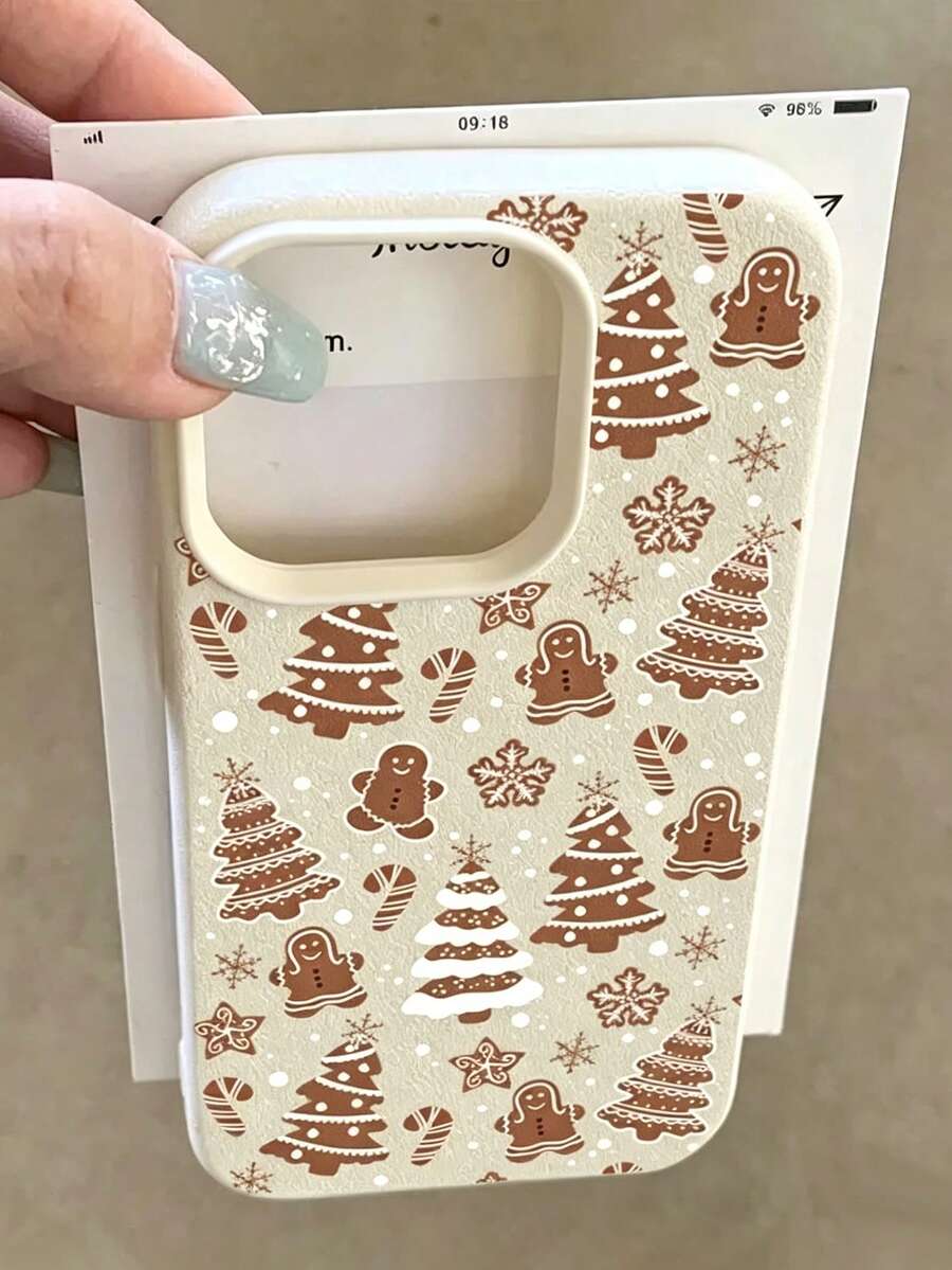 Fashionable Cute Minimalist Gingerbread Man Christmas Tree Snowflake Pattern Phone Case Compatible With IPhone 18/18Pro/18ProMax/17/17Pro/17ProMax/16/16Pro/16ProMax/15/15Pro/15ProMax/14/13/12/11 Cartoon Christmas Tree Snowflake Anti-Drop Soft Shell Phone Protective Cover - Beige - View 1