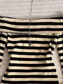Women's Long Sleeve Fashionable Striped Patchwork Drawstring Off-Shoulder Top Spring - Black and Apricot - View 3
