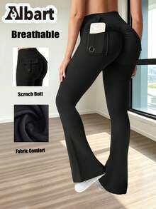 AIbart Neue elastische Bare-Feel Schlaghose, schnelltrocknende Yogahose, figurbetonende Fitness-Leggings, sportlich-lässige Skinny Micro-Flare Hose in Schwarz - Schwarz - Übersicht 3