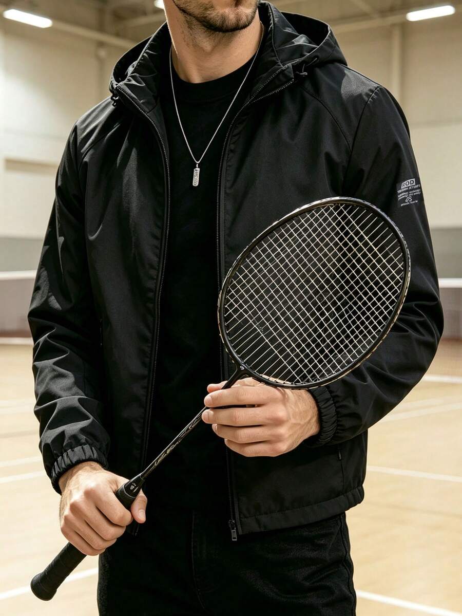 Men's Hooded Windbreaker Jacket, Casual Outdoor Hiking Zip-Up Lightweight Coat - Black - View 1