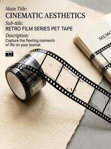 1 Roll Self-Adhesive PET Film And Paper Tape, Suitable For Scrapbooking, Collage, Crafts - Vintage Film Reel Design, 35cm Continuous Ring Roll, Suitable For Junk Journals, Diaries, Vintage Cassette Tape Decorative Stickers - Upgraded Version - View 1