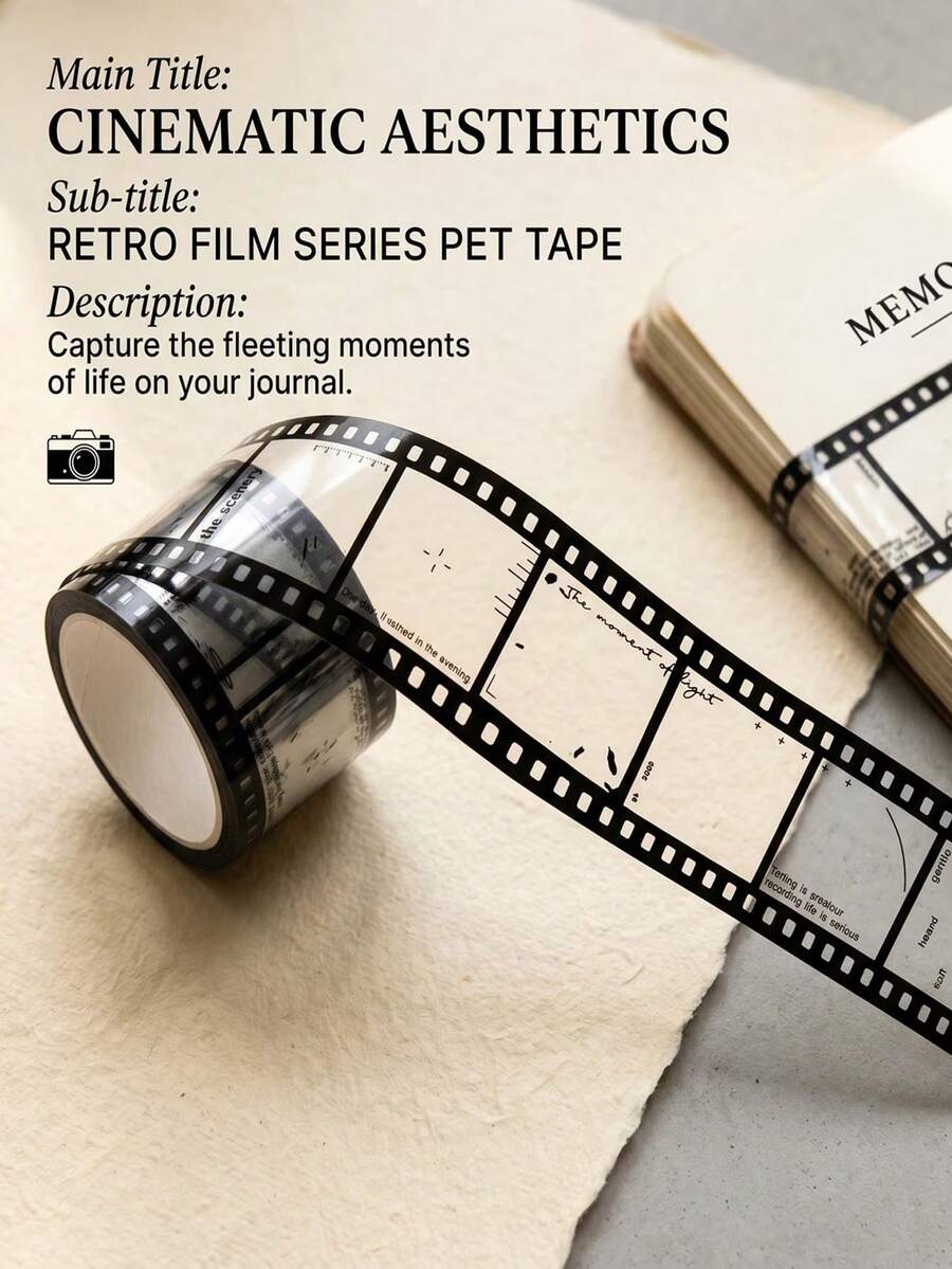 1 Roll Self-Adhesive PET Film And Paper Tape, Suitable For Scrapbooking, Collage, Crafts - Vintage Film Reel Design, 35cm Continuous Ring Roll, Suitable For Junk Journals, Diaries, Vintage Cassette Tape Decorative Stickers - Upgraded Version - View 1