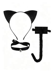 3pcs Halloween Animal Headband Set Cat Ear Headband Plush Tail Bell Collar Costume Accessory Kit - Multicolor - View 6