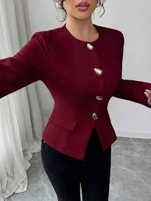 女款時尚長袖梭織圓領外套，標準長度，獨特鈕扣裝飾，打造時髦造型 - 酒紅色 - 查看 2
