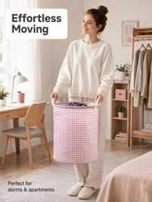 Portable Pink Fabric Storage Basket, Dual Handle Waterproof Laundry Basket, Suitable For Dormitory Bedroom And Bathroom, Large Capacity Grid Pattern Laundry Basket, Unisex, Closet Storage, Room Home Decor And Storage, Camping Travel Essential - Multicolor - View 4