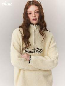 CHUU Letter Embroidered Long Sleeve Knit Sweater Women Autumn/Winter Faux Wool Loop Contrast Color Pullover Loose Fit - Apricot - View 3