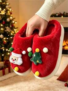 Women's Cute Christmas Atmosphere Thermal Slippers, Non-Slip Warm Comfortable Soft Sole With Thermal Lining, Couple Matching, Home Thermal Slippers - Red - View 2