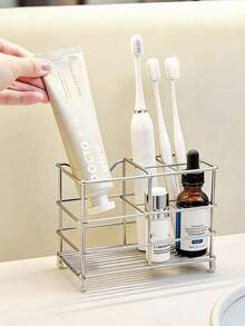 1 pieza Estante de almacenamiento de hierro para lavado/Estante de almacenamiento de cepillos de dientes con compartimentos para baño/Estante de almacenamiento multifuncional con drenaje para encimera/Suministros para el hogar/baño/Accesorios de baño/Artículos de tocador/Estante para cepillos de dientes - Multicolor - Ver 3