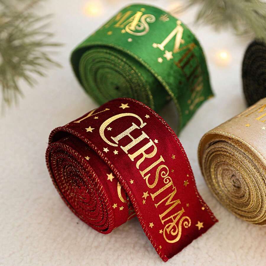Christmas Gold Foil Letter Velvet Ribbon, Edge-Locked Woven Tape, Gift Wrapping Bow Handmade Decorative Satin Ribbon, Suitable For Gift Wrapping, Floral Decoration, Christmas Tree Decoration, Party Home Decor, Holiday Baking Packaging, Outer Packaging Binding Decoration, Etc. - Multiple Styles - View 1