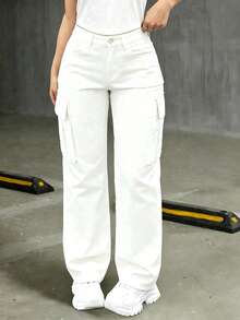 Teen Girls' White Elegant Multi-Pocket Design Stretch Comfortable Cargo Jeans - White - View 1