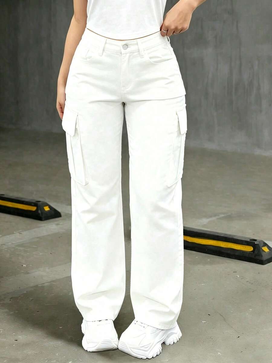 Teen Girls' White Elegant Multi-Pocket Design Stretch Comfortable Cargo Jeans - White - View 1