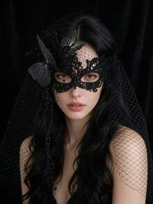 Black Lace Large Butterfly Masquerade Mask With Birdcage Veil, Long Black Beaded Tassel Gothic Style Halloween Party Cosplay Face Accessory - Black - View 2